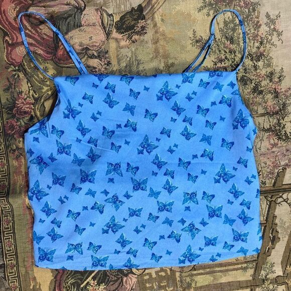 Y2K Crop Drape Front Blue Butterly Spaghetti Strap Cami - Picture 5 of 8